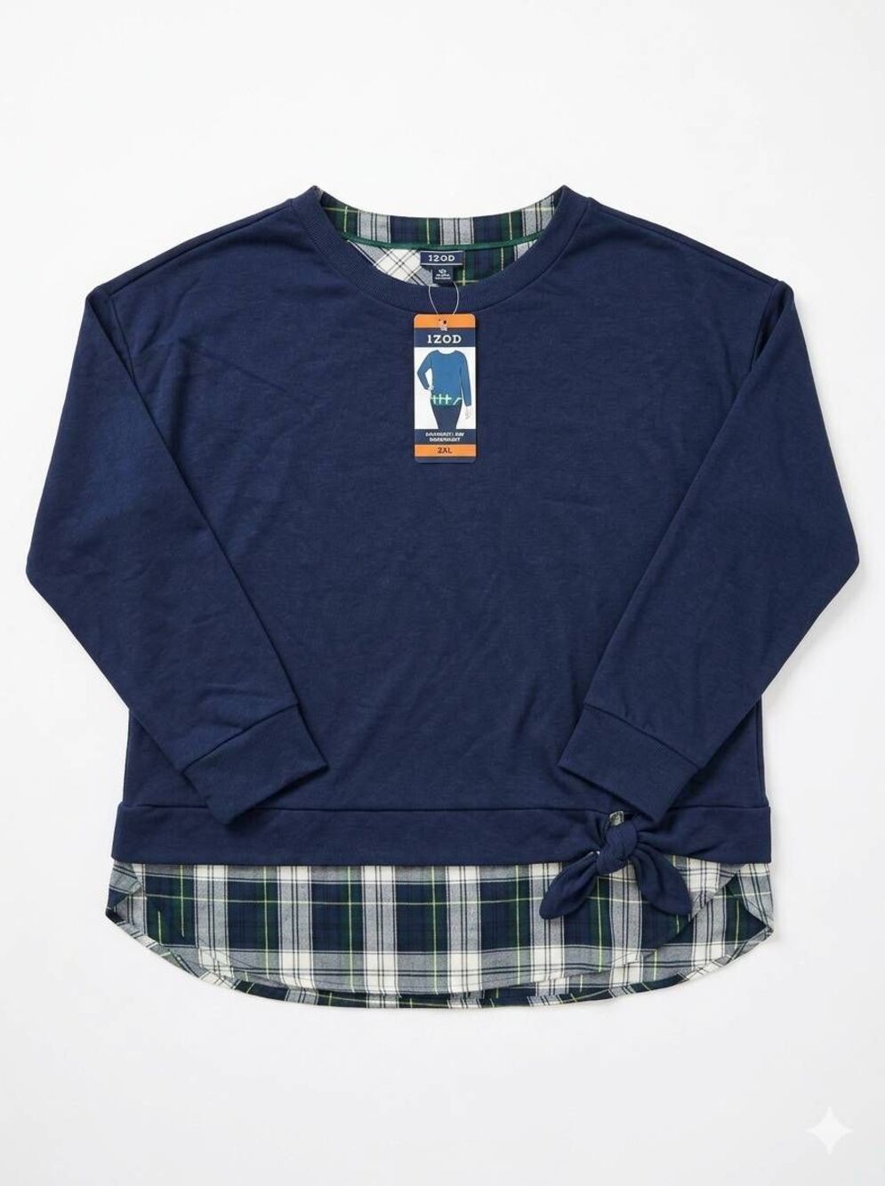 🔹️NWT Izod Blue Plaid Knotted Bow Layered Sweatshirt 2X